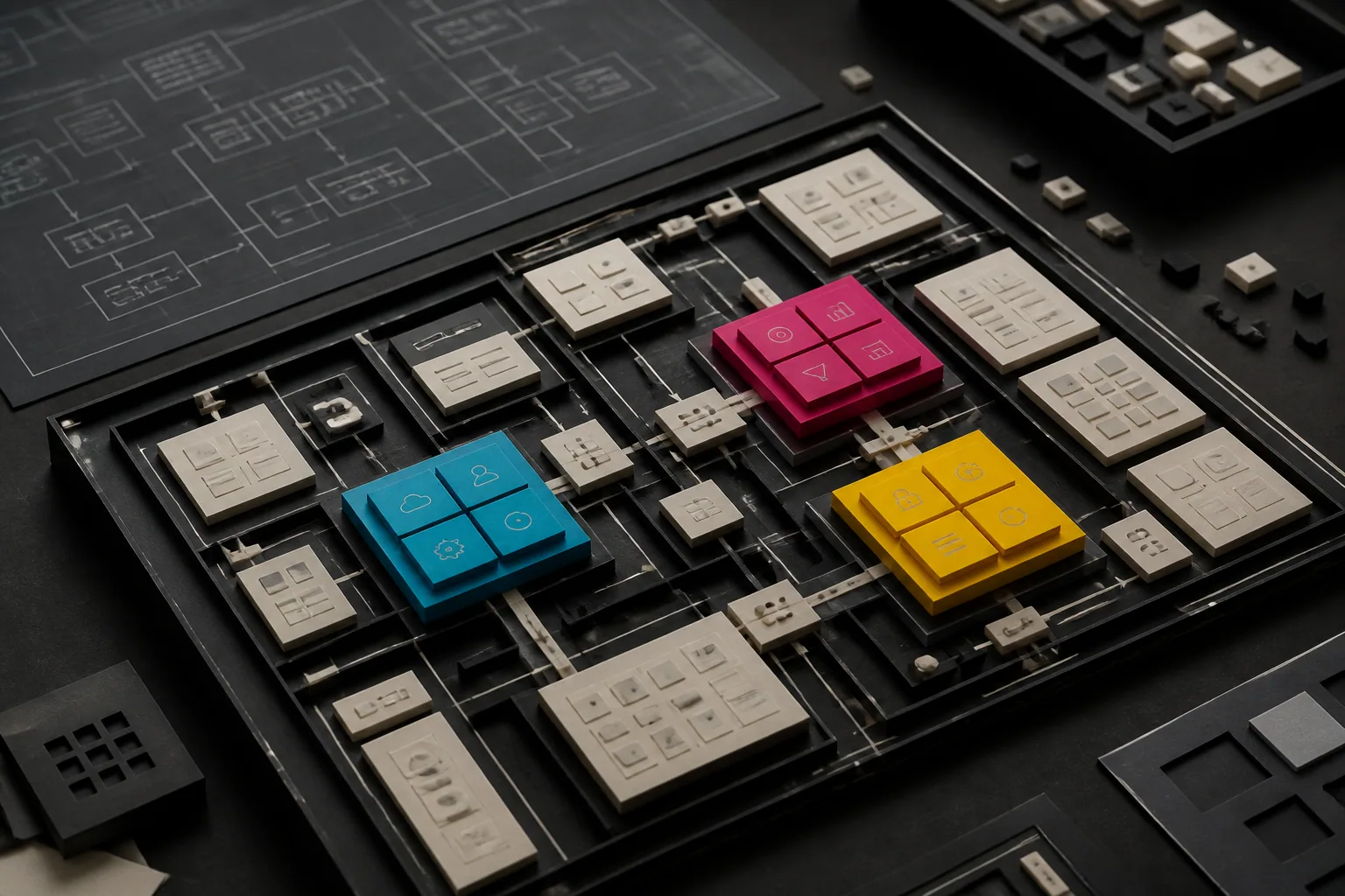 Arquitectura modular de interfaces y componentes físicos en negro con acentos CMYK