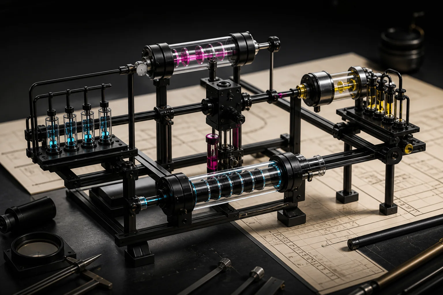 Arquitectura mecánica modular que conecta entradas, reglas y resultados