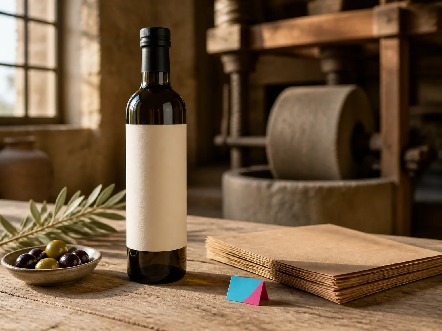 Botella de aceite con la etiqueta sin imprimir, cuenco de aceitunas y rama de olivo junto a una pila de papel kraft, con una piedra de molino al fondo