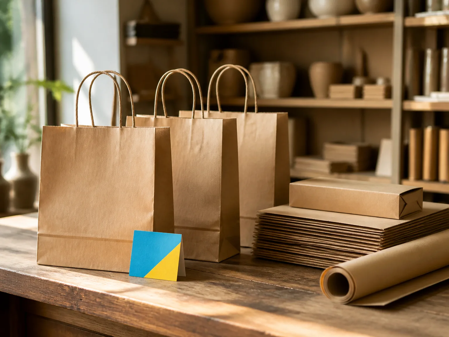 Bolsas de papel kraft, cajas de cartón plegadas y un rollo de papel de embalar sobre el mostrador de madera de un comercio