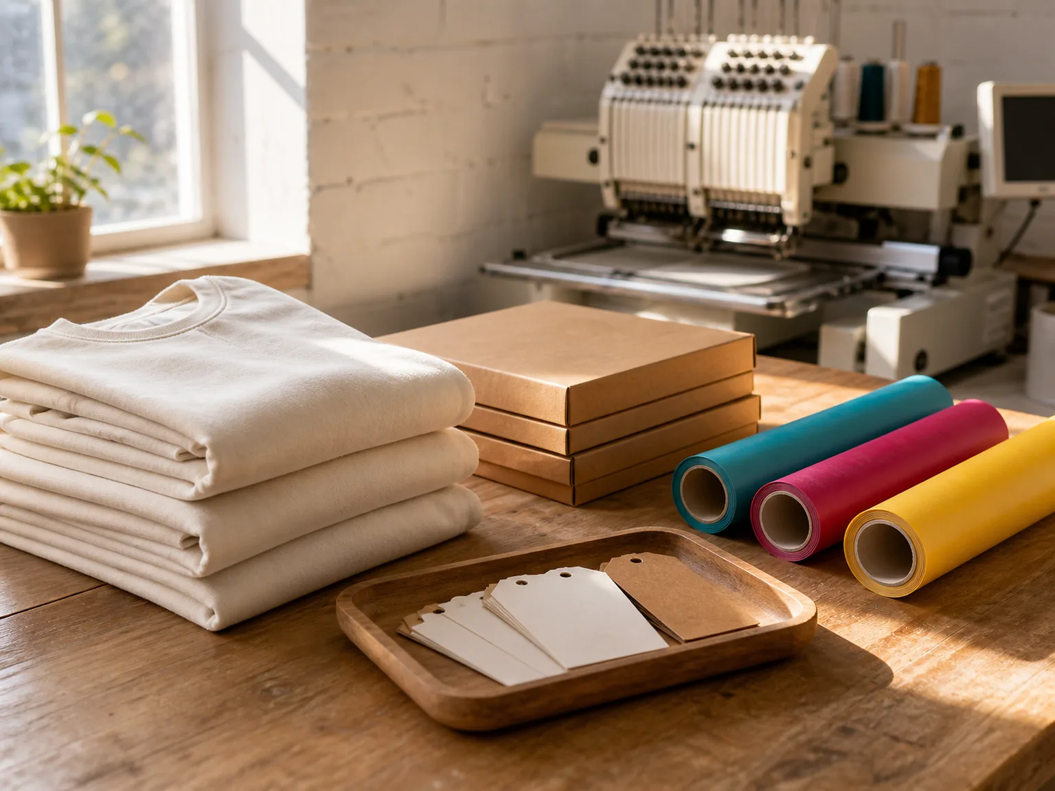 Camisetas dobladas, cajas de cartón, etiquetas colgantes en una bandeja de madera y rollos de vinilo cian, magenta y amarillo sobre la mesa del taller, con una bordadora al fondo