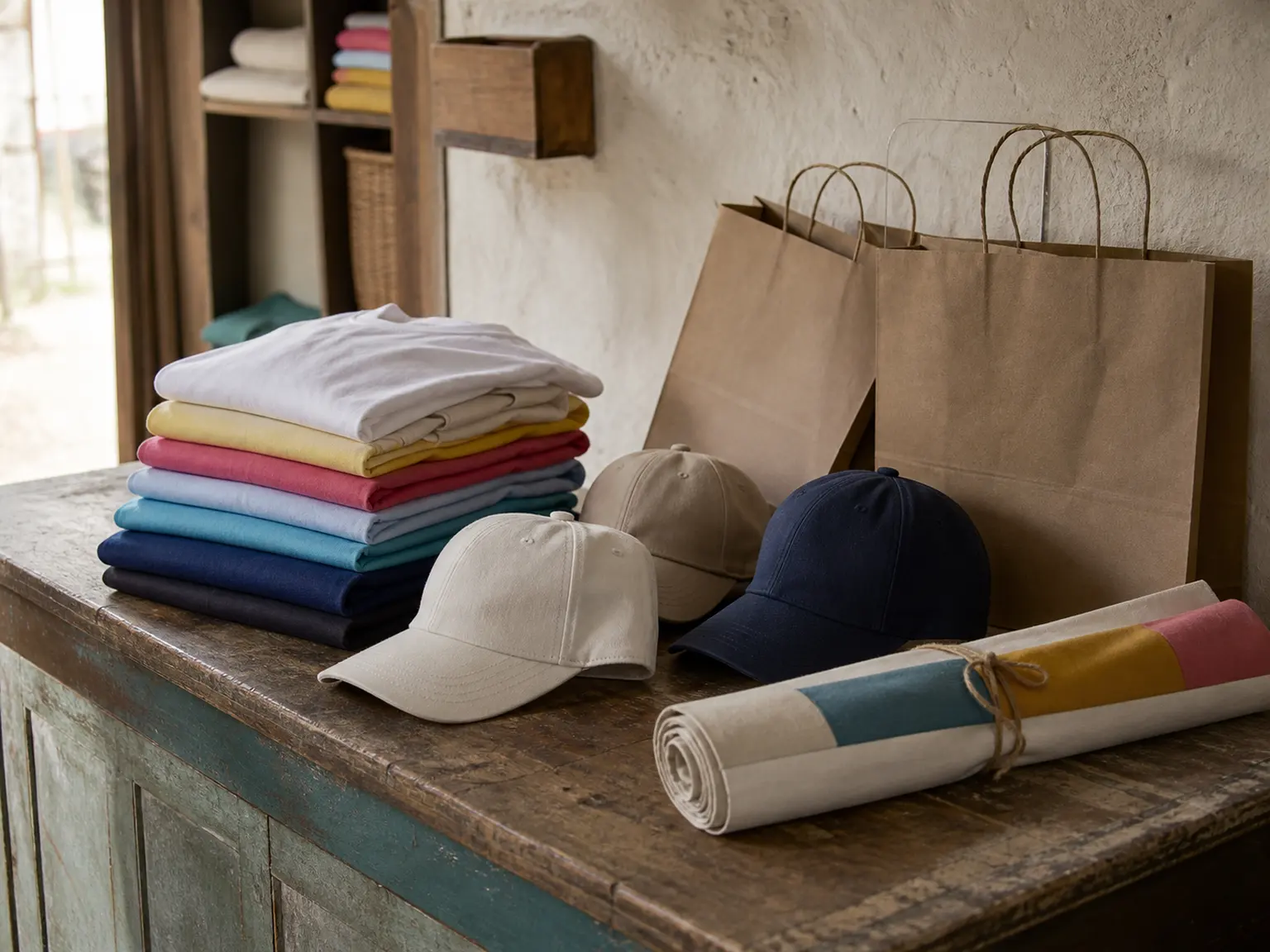 Camisetas de colores dobladas, dos gorras, bolsas de papel y una tela enrollada con franjas de color sobre el mostrador de madera de un comercio