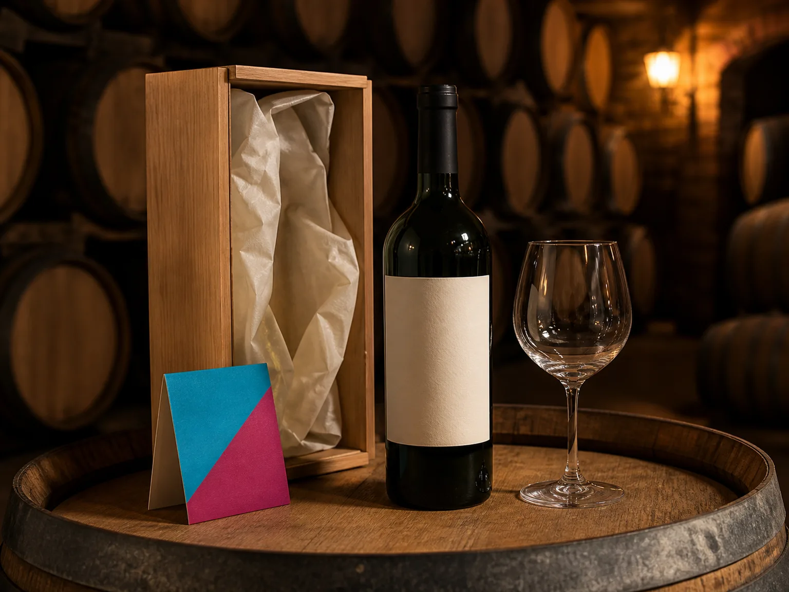 Botella de vino con la etiqueta sin imprimir, copa y caja de madera forrada con papel de seda sobre una barrica, con la nave de barricas detrás