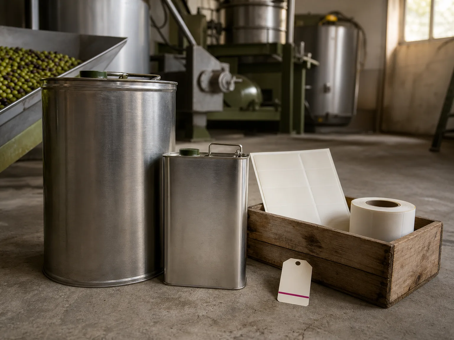 Bidón y garrafa de aceite metálicos en el suelo de una almazara, junto a una caja de madera con una plancha de etiquetas en blanco y un rollo de etiquetas, con la tolva de aceitunas y la maquinaria al fondo