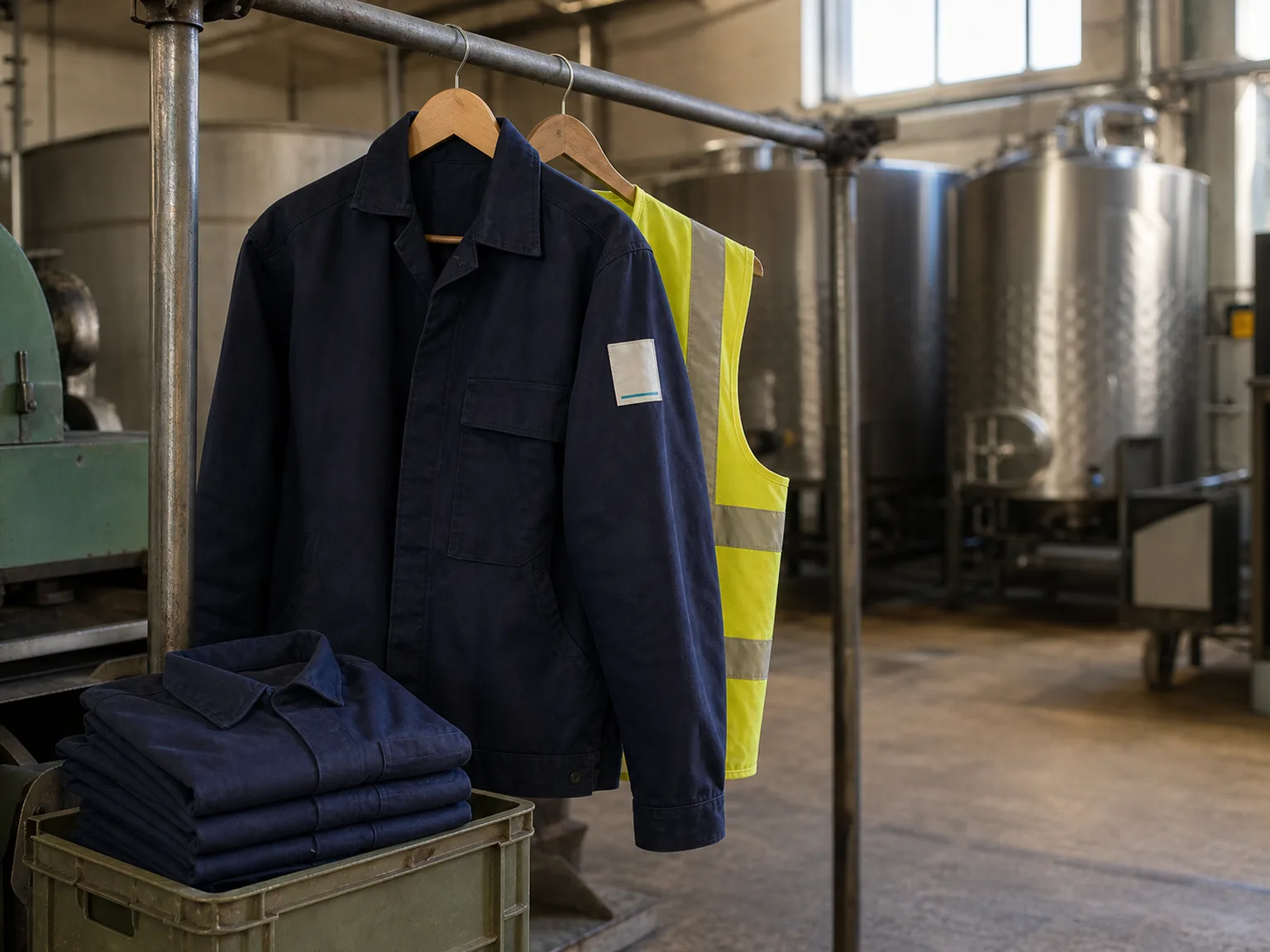 Chaqueta de trabajo azul marino y chaleco de alta visibilidad colgados en un perchero, con prendas dobladas en una caja y depósitos de acero al fondo