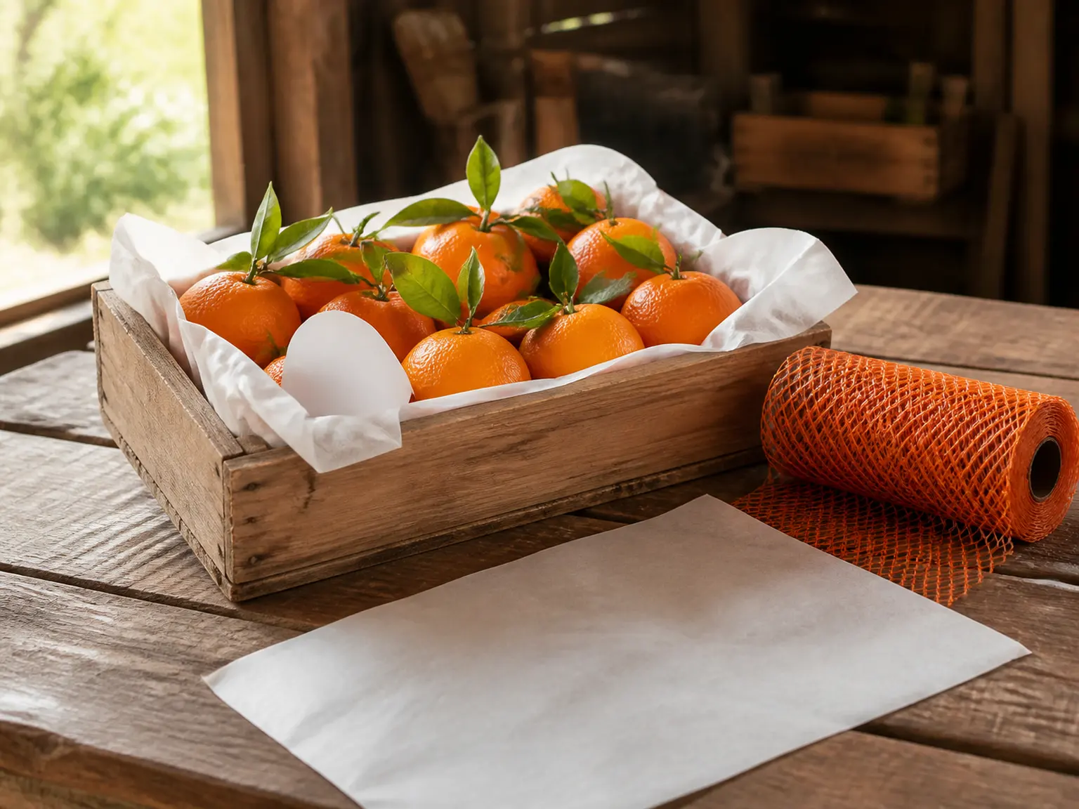 Naranjas con hoja en una caja de madera forrada de papel de seda, junto a un rollo de malla naranja y una hoja de papel sin imprimir, sobre la mesa de un almacén hortofrutícola
