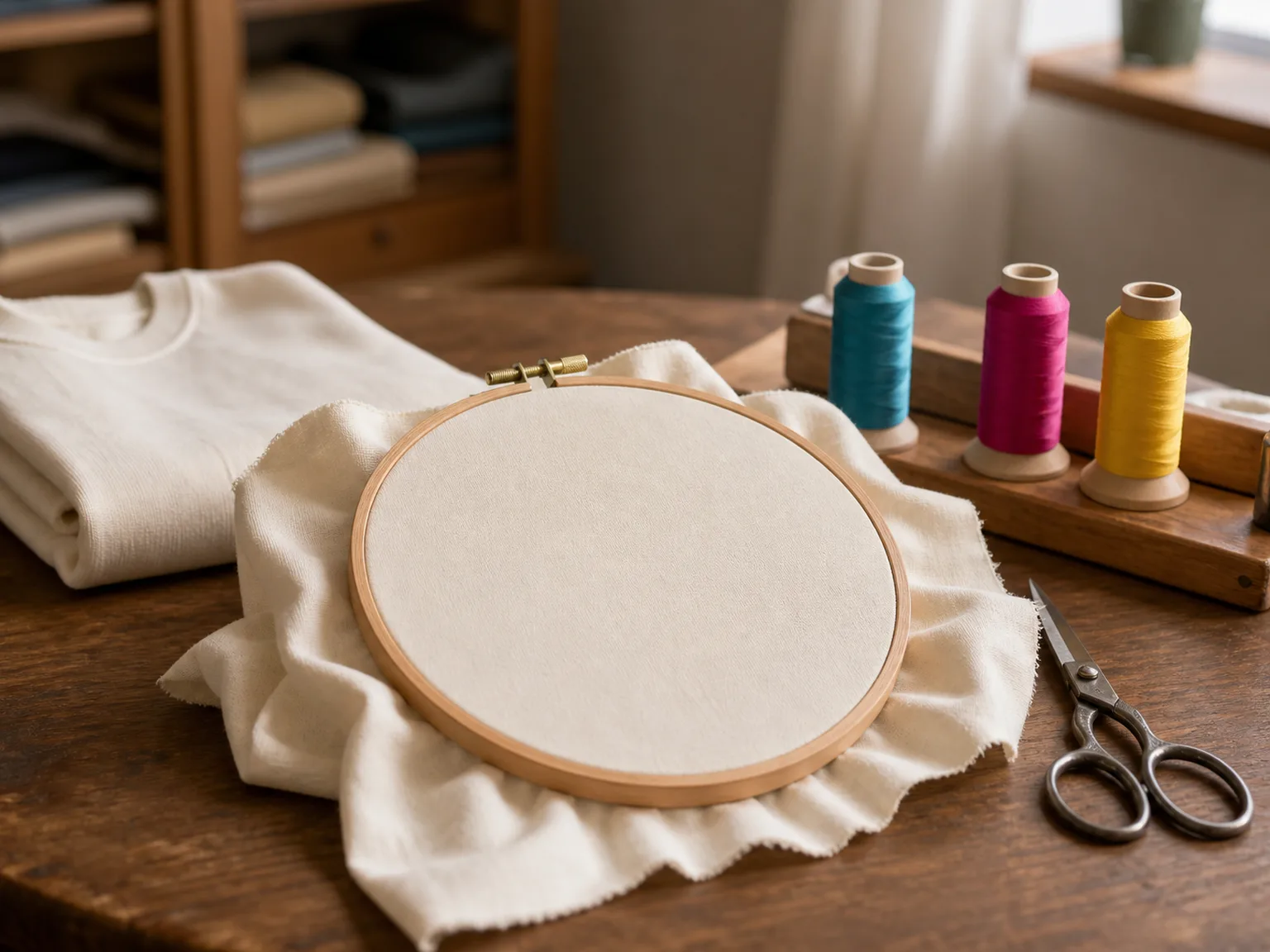 Máquina de coser industrial, tijeras, cinta métrica y prendas dobladas sin marcar en un taller de confección con luz de ventana